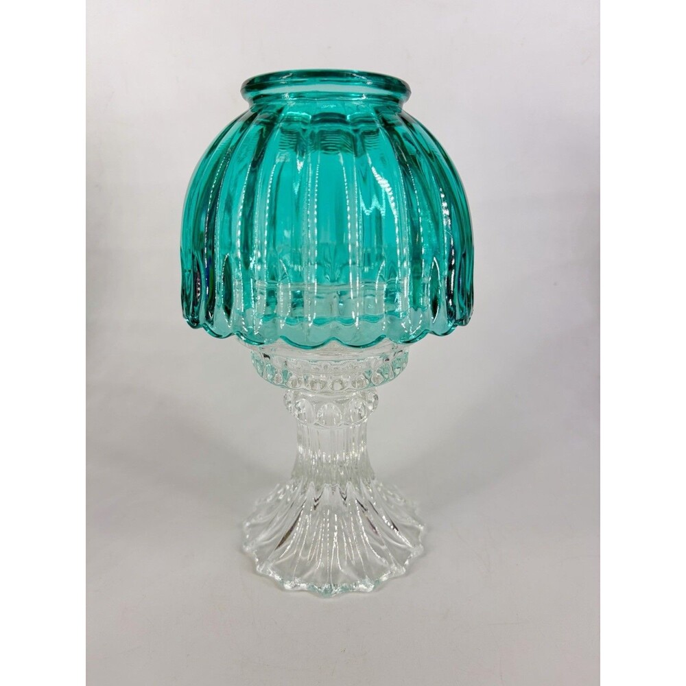 LE Smith Teal Blue Clear Fairy Lamp Light Candle Holder Glass Vintage Umbrella